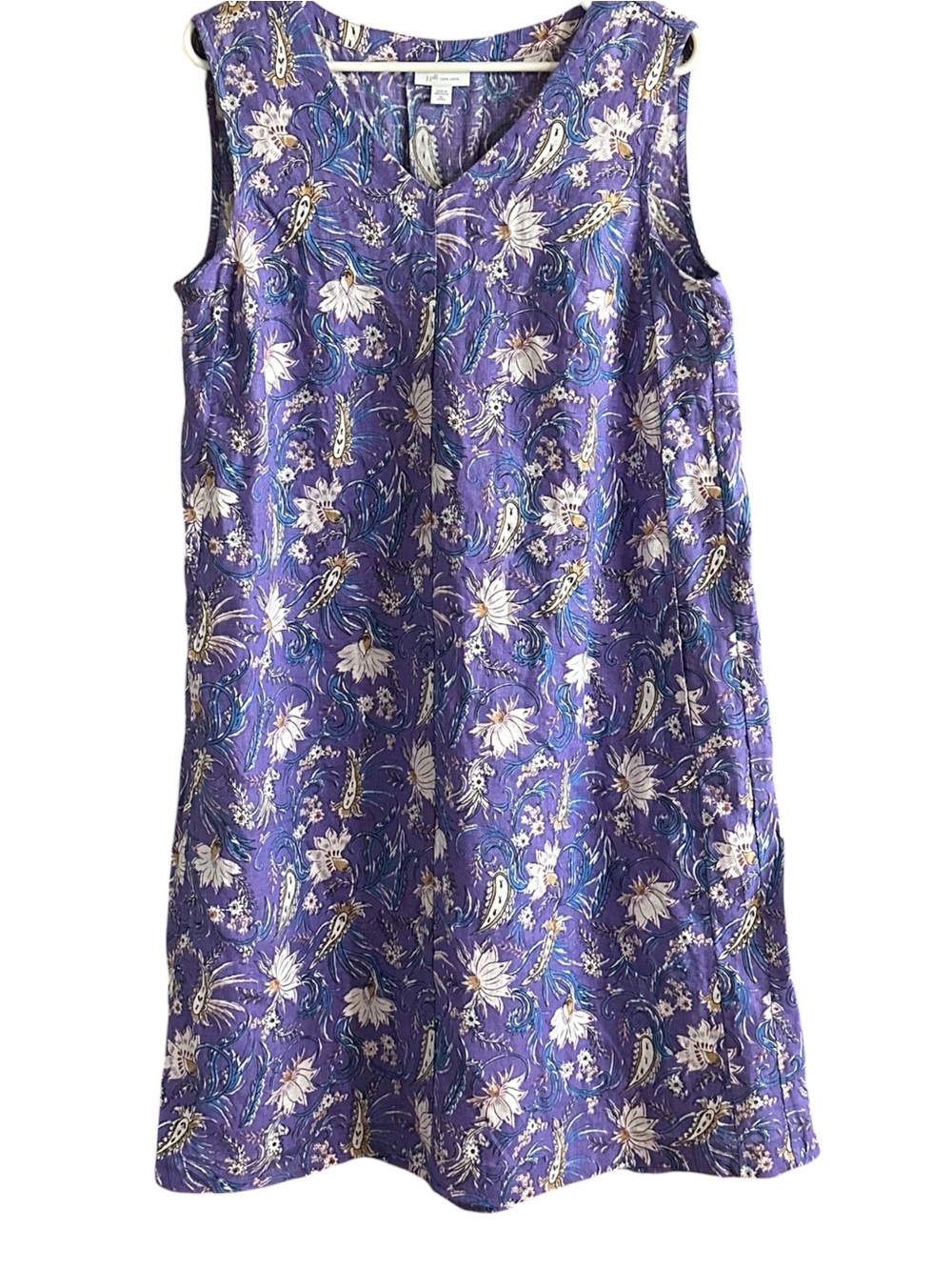 J.Jill Women’s XL PETITE LOVE LINEN Purple Floral Sleeveless Shift Dress Pockets